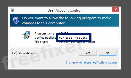 Screenshot where Fun Web Products appears as the verified publisher in the UAC dialog
